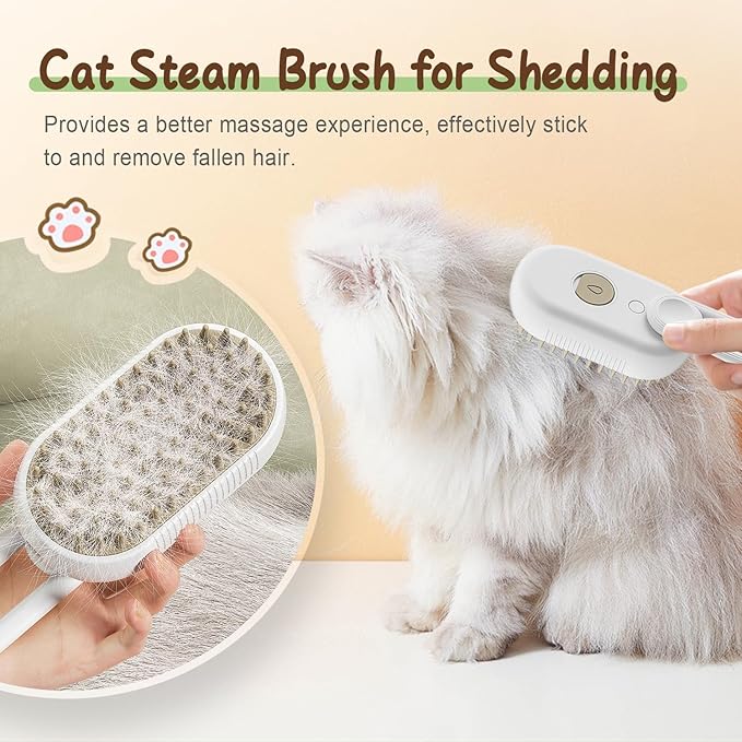 Cat Steam Brush for Shedding, 2025 New 3 in 1 Cat Brushes for Indoor Cats, Pet Steam Groomer Comb, Hair Water Brush Hair Removal Comb for Cats Dogs (Khaki+White)