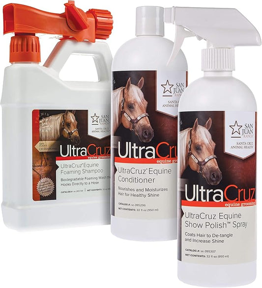 UltraCruz Equine Foaming Horse Shampoo with Travel Applicator, Conditioner and Show Polish Spray Bundle, 32 oz Each