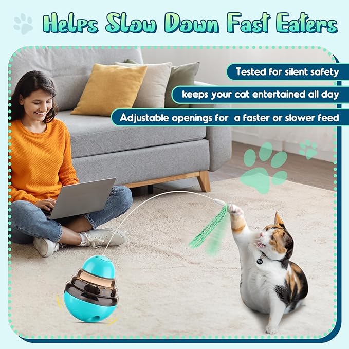 Tumbler Cat Toys for Indoor Bored Cats,Fun Wand Toy and Feather Toys Slow Feeder with Flash Ball,Cat Toys for Indoor Cats to Loss Weight and Exercise Feeding Pet Supplies Birthday Gift (Blue)