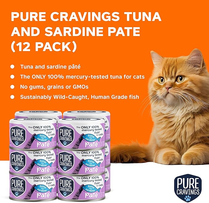 Tuna and Sardine Pate, Canned Wet Cat Food, 100% Mercury-Tested, Moist Can Fish, Grain-Free Protein, Non-GMO, 12 Pack