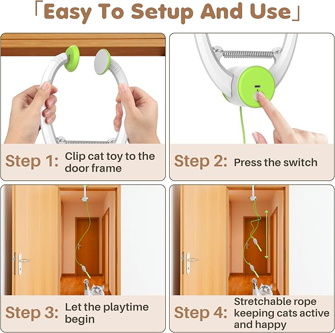 Interactive Cat Toys Rechargeable, Feather Toy for Indoor Cat, Hanging Retractable Teaser Toy, Automatic Kitten Play Chase Exercise Toys with Three Plush Mouse, USB Powered (Green)