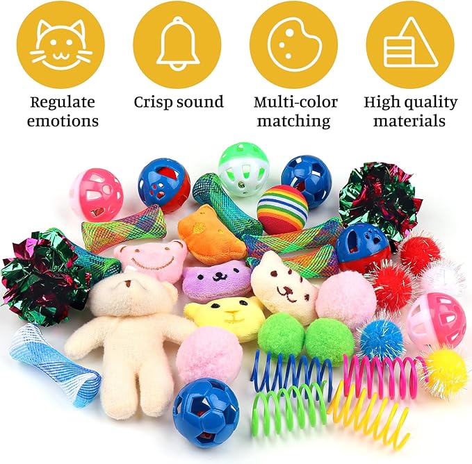 Kitten Toys - 38PCS Cat Play Set, Sparkle Balls, Plush Pom Pom Balls, Hanging Door Toy, Gift Box Styles