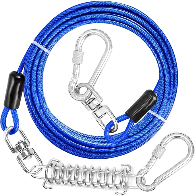 jenico Dog Tie Out Cable - 25ft Dog Lead for Yard - Heavy Duty Dog Chain with Shock Spring - Outdoor Tether Leash for Small Large Dogs Up to 500 lbs
