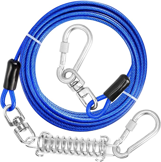 Jenico Dog Tie Out Cable, 10/15/20/30/40/50/70/100/150FT Runner Cable with Swivel Hook and Shock Spring, Yard and Camping Dog Leash Run Tether, Small to Medium Pets Up to 500 LBS