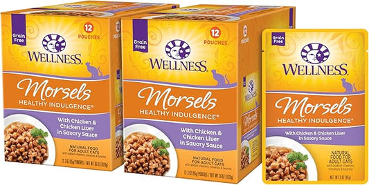 Wellness Healthly Indulgence Morsels Adult Wet Cat Food, Natural, Protein-Rich, Grain-Free, 3 Ounce Pouch, 24 Pack, (Chicken & Chicken Liver)
