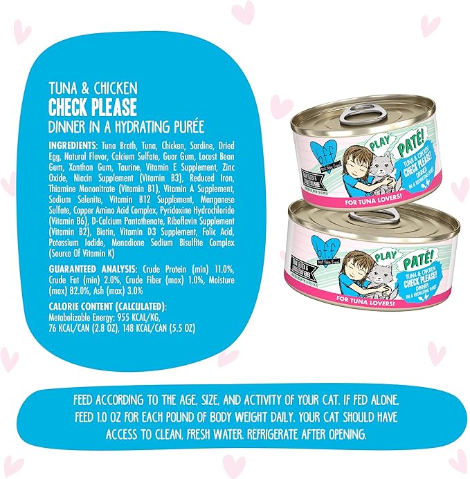Weruva B.F.F. Play - Best Feline Friend Paté Lovers, Aw Yeah!, Tuna & Chicken Check Please! with Tuna & Chicken, 2.8oz Can (Pack of 12)