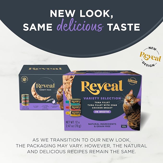 Reveal Natural Wet Cat Food, 12 Count, Grain Free, Limited Ingredient Canned Food for Cats, Fish and Chicken Variety in Broth, 2.47 oz Cans