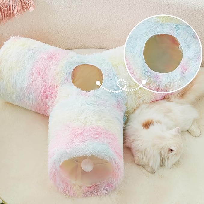 Tempcore Plush Pet Cat Tunnel Tube Cat Toys 3 Way Collapsible, Tunnels for Indoor Cats，Kitty Tunnel Bored Pet Toys Peek Hole Ball Puppy, Kitty, Kitten, Rabbit Rainbow