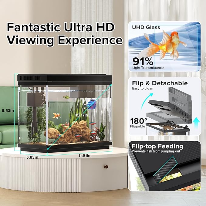 Fish Tank, 2.4 Gallon Fish Aquarium, Fish Tank Starter kit with Smart Humidifier, Temperature Display, 7-Color Lighting, 3 in 1 Quiet Pump with Filteration & Oxygenation & Circulation