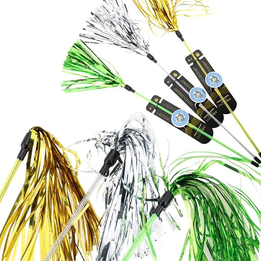 ADUCK Interactive Cat Teaser Wand Toy with Tassels - Durable Cat Chaser for Indoor Kitten Exercise, Boredom Relief & Training Play, Pack of 3 (Gold, Silver, Green)