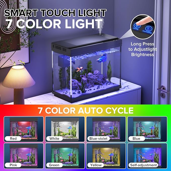Fish Tank, 2.4 Gallon Fish Aquarium, Fish Tank Starter kit with Smart Humidifier, Temperature Display, 7-Color Lighting, 3 in 1 Quiet Pump with Filteration & Oxygenation & Circulation