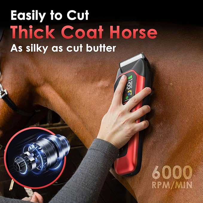 Horse Clippers Low Noise Rechargeble Horse Trimmer Kit, Pet Shaver for Heavy Thick Coats Grooming, 2-Speed Cordless Animal Shears for Horse, Sheep, Cats and Dogs