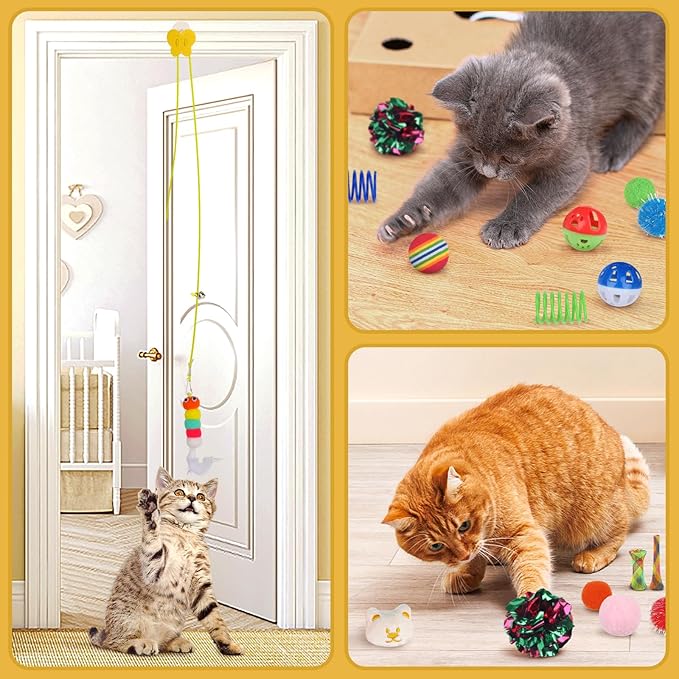 Kitten Toys - 38PCS Cat Play Set, Sparkle Balls, Plush Pom Pom Balls, Hanging Door Toy, Gift Box Styles