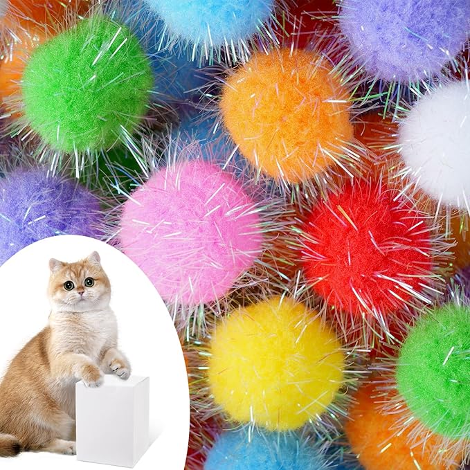 DF DUALFERV 60 Pcs Cat Pom Pom Balls, Interactive Cat Toys, Sparkle Balls for Cats, Extra Large and Fuzzy for Exercise and Entertainment, Multicolor, 1.5 Inch