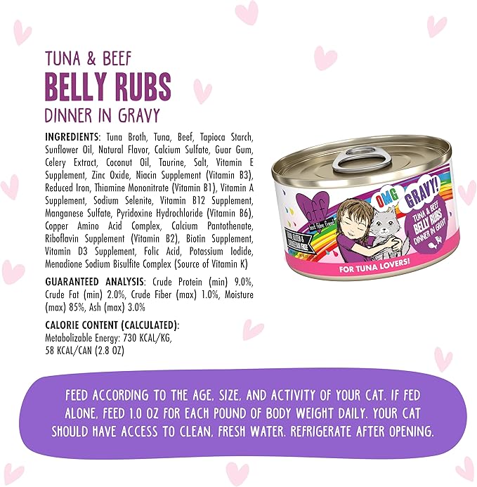 Weruva B.F.F. OMG - Best Feline Friend Oh My Gravy!, Tuna & Beef Belly Rubs with Tuna & Beef, 2.8oz Can (Pack of 12)