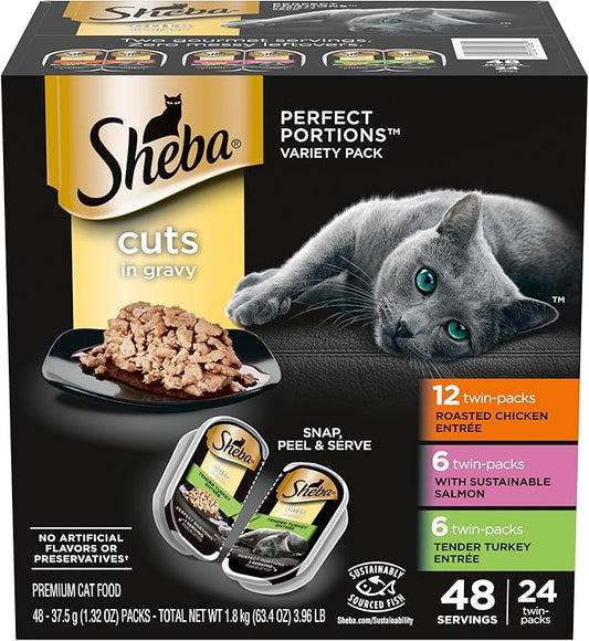 Sheba Perfect Portions Wet Cat Food Cuts in Gravy Variety Pack, Roasted Chicken Entree, with Sustainable Salmon, and Tender Turkey Entree, 2.6 oz. Twin-Pack Trays (24 Count, 48 Servings)