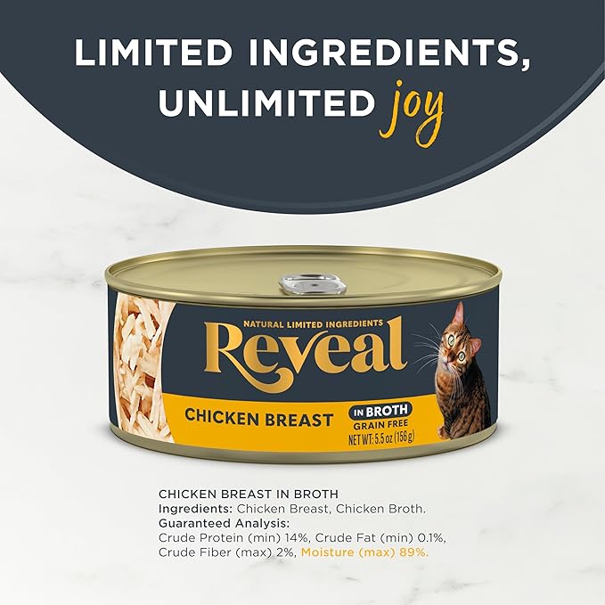 Reveal Natural Wet Cat Food, 12 Count, Grain Free, Limited Ingredient Canned Food for Cats, Chicken Breast in Broth, 5.5 oz Cans