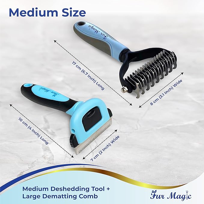 Medium Deshedding Tool & Dematting Comb – Grooming Brushes for Dogs, Cats, Horses – Reduce Shedding and Remove Knots, Mats and Loose Undercoat