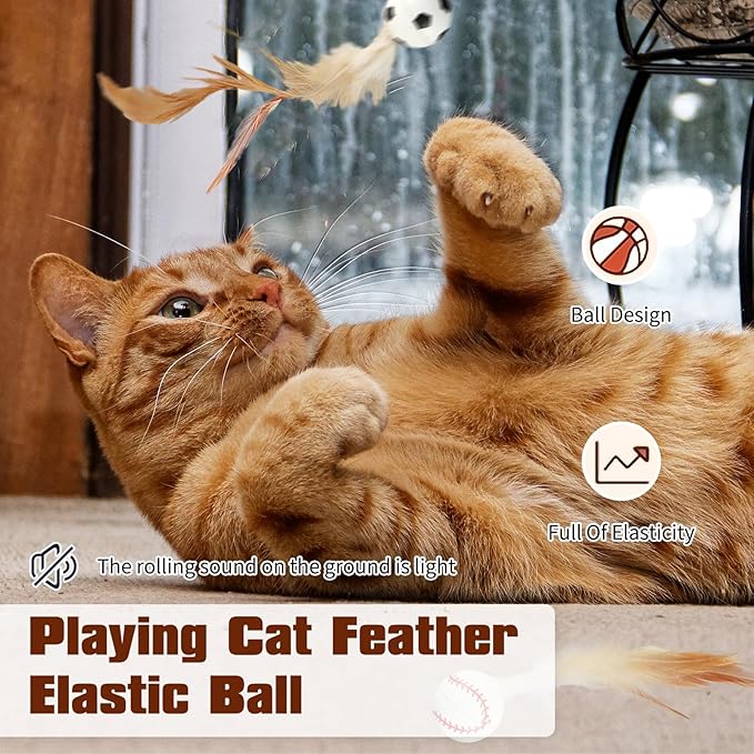 6 Pcs Feather Ball Cat Toy,Interactive Feather Bouncy Ball Toy Set for Cats,Mini and Elastic,Suitable for Pets to Play Indoors and Outdoors