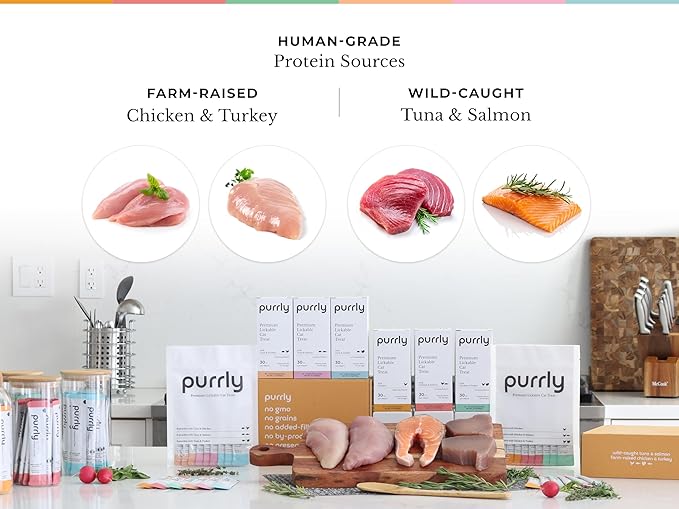 Purrly Lickable Cat Treat Healthy Human-Grade Tuna & Turkey with L-Lysine & Astaxanthin for Immunity (30 Count) Soft Healthy Low Calorie Hydrating Interactive Snack