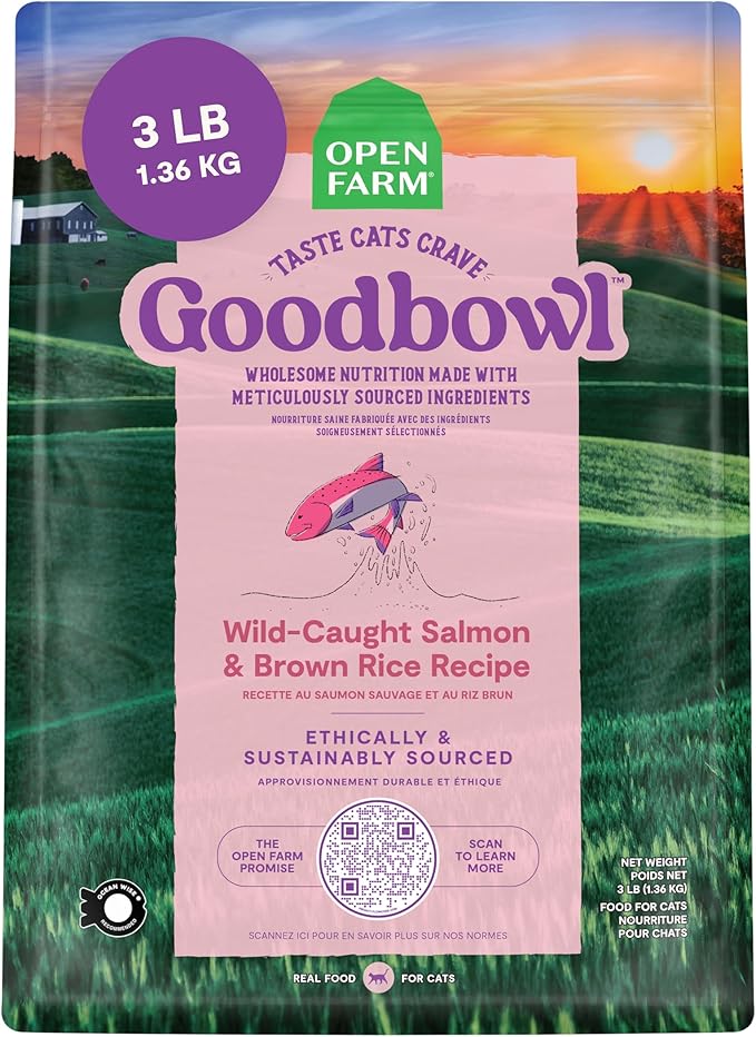 Open Farm Goodbowl, Protein Rich Dry Cat Food Made from Meticulously Sourced Simple Ingredients, Wild-Caught Salmon & Brown Rice Recipe, 3lb Bag (48oz Bag)