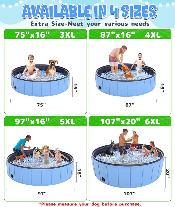 Large Foldable Dog Pool 87"x16", Hyperzoo Oversize Foldable Dog Swimming Pool, Hard Plastic PVC Leakproof Doggie Wading Collapsible Pet Bathing Tub for Puppy Small Medium Large Dogs and Kids, Blue