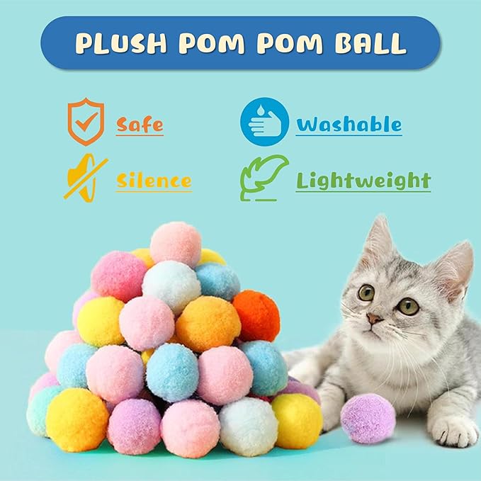 Low Noise Interactive Cat Ball Launcher Gun, 2 Noise-Reduced Launchers (New Upgraded), 100 Pcs Colorful Silent Plush Pom Pom Balls (1.2 inches), with 4 Pcs Cat Spring Toy