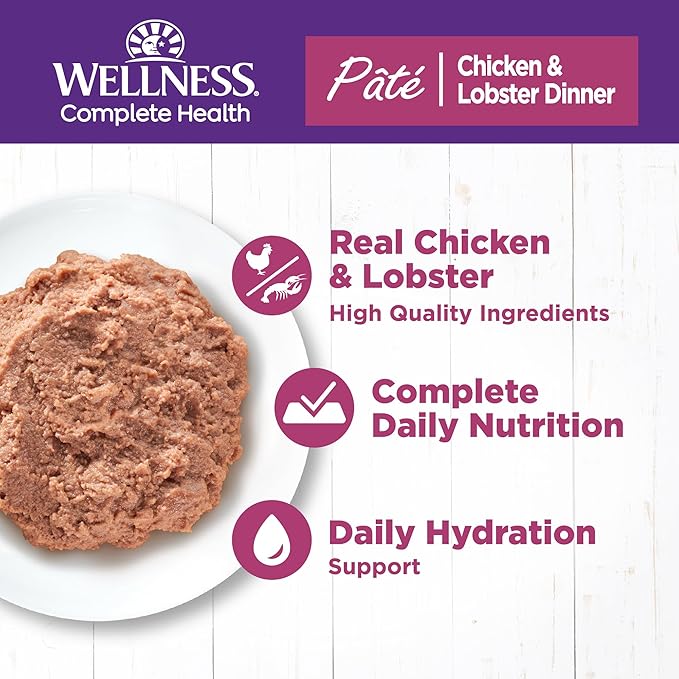 Wellness Complete Health Pate Adult Wet Cat Food, Natural, Protein-Rich, Grain Free, 3 Ounce, 24 Pack, (Chicken & Lobster)