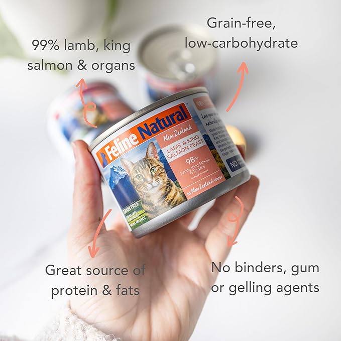 Feline Natural New Zealand Canned Catfood Wet Food, High-Meat, Low-Carb, & Grain Free Cat Food Wet, Lamb & Salmon Feast, 6 oz, Pack of 12