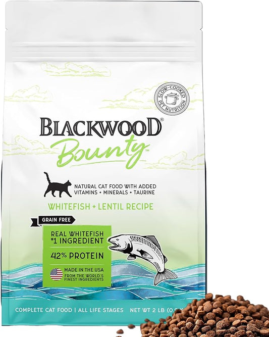Blackwood Bounty Dry Cat Food, Whitefish & Lentil Recipe for All Life Stages, 2 Pound Bag, High Protein, Grain Free