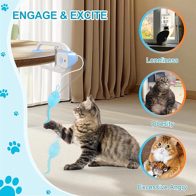 Cat Toy, Upgraded Smart Interactive Cat Toys with Remote Control, USB Rechargeable Door Hanging Retractable Kitten Toy for Self Play, Teaser Electronic Feather Cat String with 3 Plush Mice
