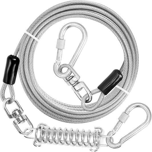 Jenico Dog Tie Out Cable, 10-150FT Runner Cable with Swivel Hook and Shock Spring, Yard & Camping Dog Leash Tether for Small to Medium Pets Up to 500 LBS