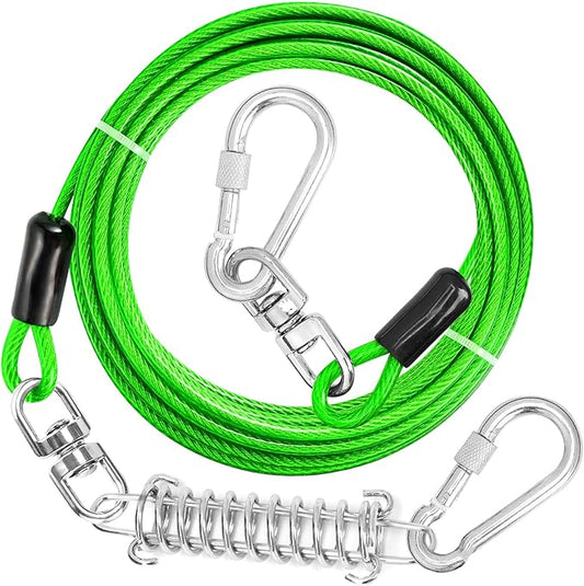 Jenico Dog Tie Out Cable, 10/15/20/30/40/50/70/100/150FT Runner Cable with Swivel Hook and Shock Spring, Yard and Camping Dog Leash Run Tether, Up to 500 LBS