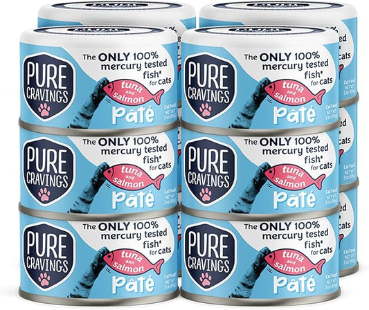 Tuna and Salmon Pate, Canned Wet Cat Food, 100% Mercury-Tested, Moist Can Fish, Grain-Free Protein, Non-GMO, 12 Pack