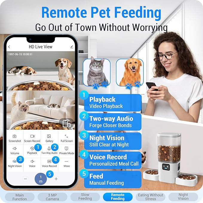 Automatic Cat Feeder with 2 Camera for 2 Cats: 5G WiFi Automatic Dog Feeder with Night Vision & Slow Feed, 7L Auto Cat Food Dispenser for Multiple Pet, Detachable for Easy Cleaning - 29 Cup