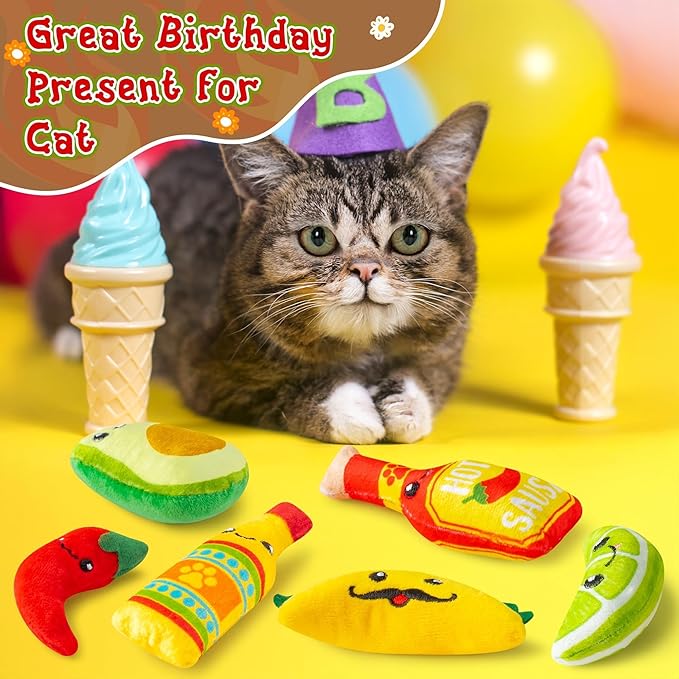 L1rabe Mexican Catnip Stuffed Toys - Hispanic Heritage Month 6Pcs Funny Cat Toys for Cat Lovers Gifts, Carnival Sause Avocado Indoor Kitten Chew Bite Kick Interactive Pet Supplies Kitten Birthday Gift