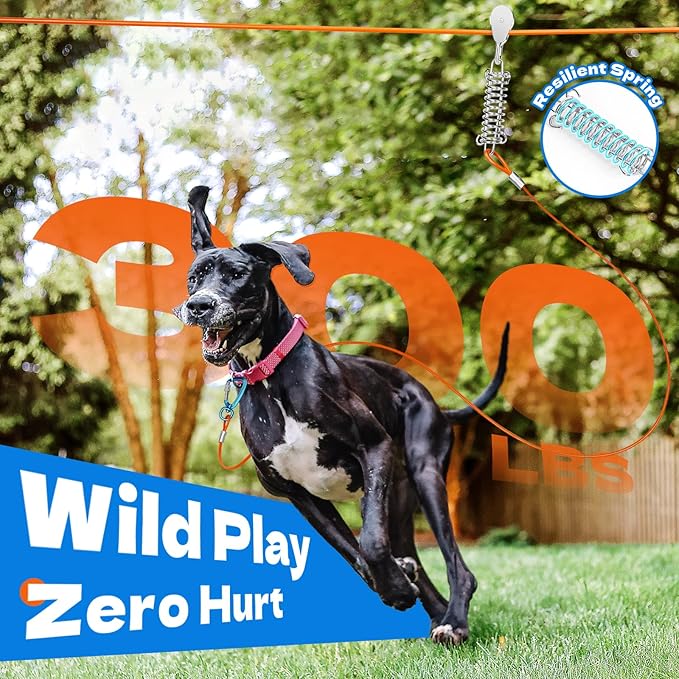 100ft Dog Runner for Yard Large Dog Heavy Duty with Double Shock Absorbers Tangle-Free Aerial Trolley System for Large Dogs Up to 250lbs(Silver)