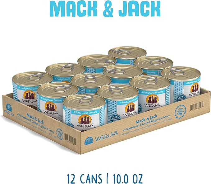 Weruva Classic Cat Food, Mack & Jack with Mackerel & Grilled Skipjack in Gravy, 10oz Can (Pack of 12)