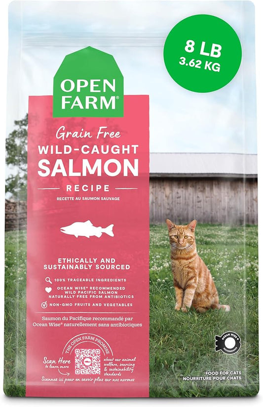 Open Farm, Grain Free Dry Cat Food, High-Protein Kibble for a Complete & Balanced Diet, Non-GMO Fruits & Vegetables, Prebiotic Fibers to Support Digestion, Wild-Caught Salmon Recipe, 8lb Bag