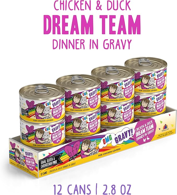 Weruva B.F.F. OMG - Best Feline Friend Oh My Gravy!, Chicken & Duck Dream Team with Chicken & Duck in Gravy, 2.8oz Can (Pack of 12)