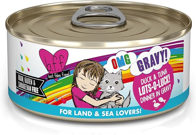 Weruva B.F.F. OMG - Best Feline Friend Oh My Gravy!, Lots-O-Luck! with Duck & Tuna in Gravy Cat Food, 5.5oz Can (Pack of 8)