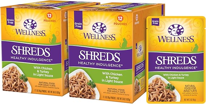 Wellness Healthly Indulgence Shreds Adult Wet Cat Food, Natural, Protein-Rich, Grain Free, 3 Ounce Pouch, 24 Pack, (Chicken & Turkey)