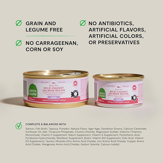 Open Farm Canned Cat Food, Paté for Complete & Balanced Nutrition, Grain-Free and Legume-Free Wet Cat Food, Salmon Recipe, 5.3oz Cans (Case of 12)
