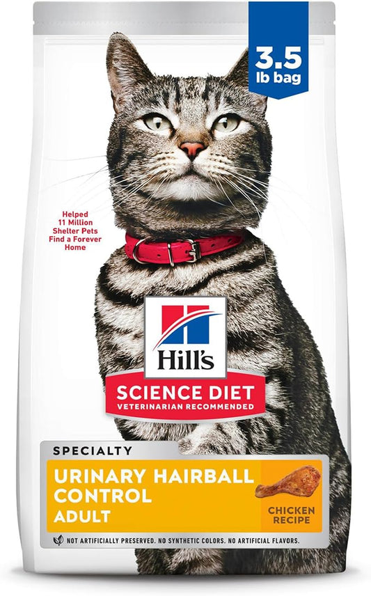 Hill's Science Diet Urinary Hariball Control, Adult 1-6, Urinary Track Health & Hairball Control Support, Dry Cat Food, Chicken Recipe, 3.5 lb Bag