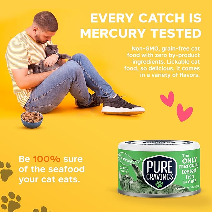 Wet Cat Food Canned Mackerel Cutlets in Gravy, Every Catch is Mercury Tested, Moist Can Fish for Cats, Grain-Free, Protein, Non-GMO, Pack of 12