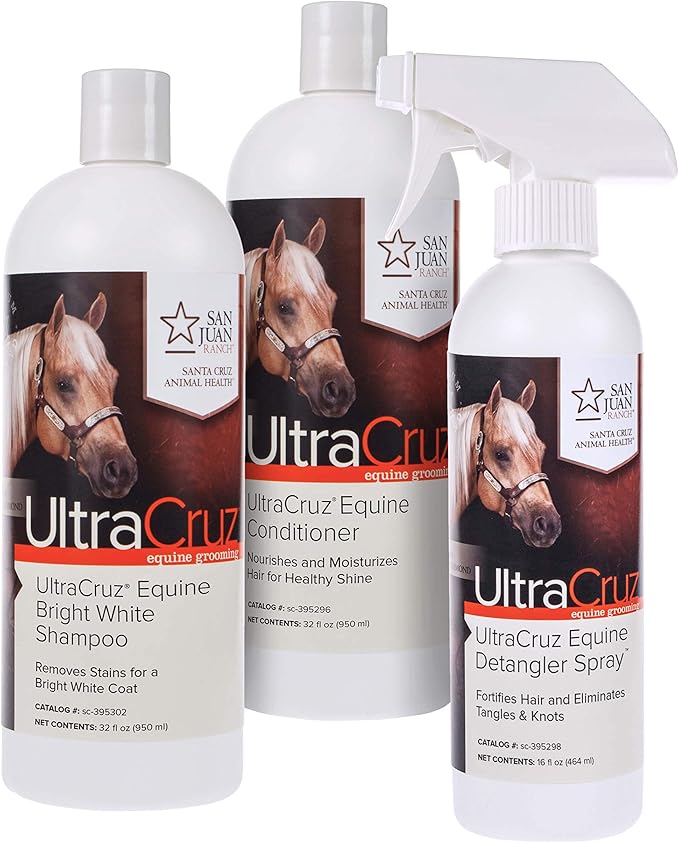 UltraCruz Equine Bright White Horse Shampoo & Conditioner Bundle, 32 oz Each with 16 oz Detangler