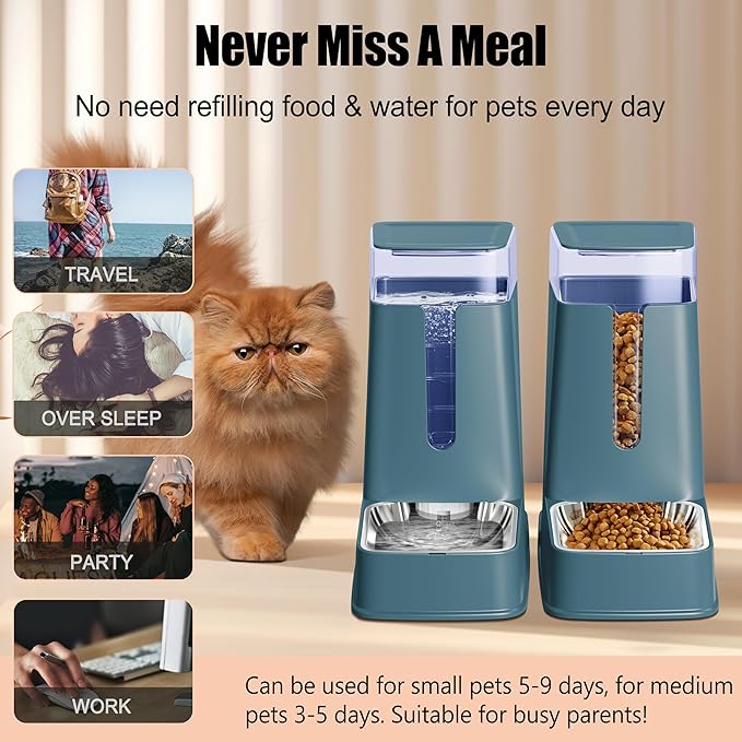 Automatic Cat Feeder and Cat Water Dispenser Set with Stainless Steel Bowls Gravity Dog Feeder for Small Medium Big Dog Pets Puppy Kitten, 3.8L x 2 (Cyan)