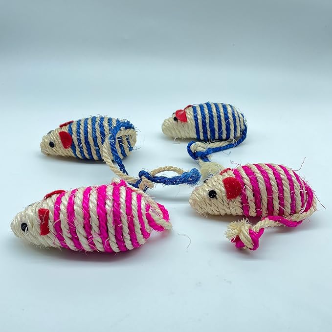 LUOZZY 4Pcs Cat Mouse Toys Adorable Sisal Mice Toys Kitten Chewing Toy Funny Indoor Animal Shape Props Pet Supplies - Blue+Pink 1.38x5.11in