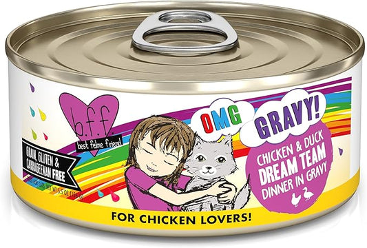 Weruva B.F.F. OMG - Best Feline Friend Oh My Gravy!, Chicken & Duck Dream Team with Chicken & Duck in Gravy, 5.5oz Can (Pack of 8)