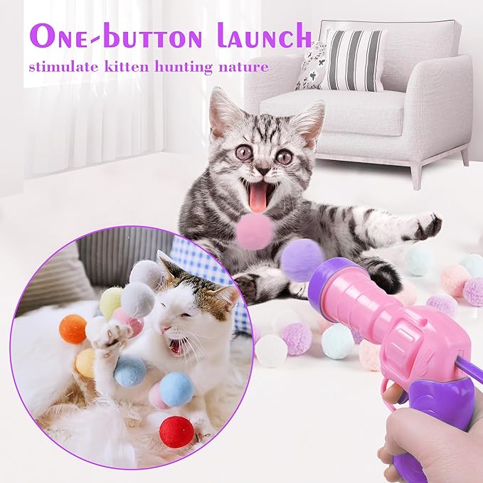 Mewlmart Interactive Cat Toys for Indoor Cats Pink Cat Pom Pom Balls Plush Ball Launcher Cat Fetch Toy Enrichment Toys 30 Balls